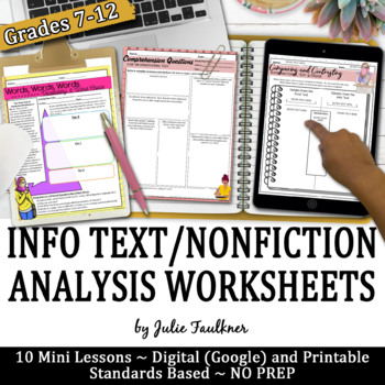 Preview of Info Text/Nonfiction Analysis Worksheets, Digital & Printable