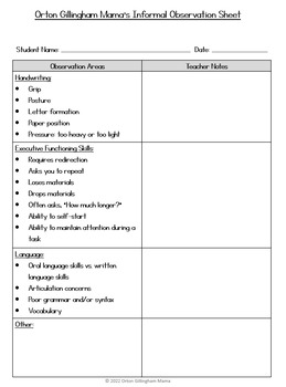 Preview of Informal Assessment Observation Sheet for Teacher