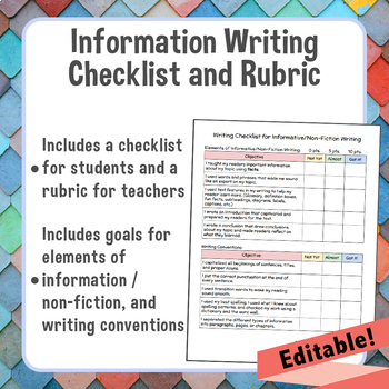 Preview of Information/Expository/Non-Fiction Writing Student Checklist & Rubric *Editable*