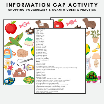 Preview of Information Gap Activity, Shopping Vocabulary, Cuanto Cuesta Practice