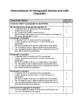 Preview of Informational 5 Paragraph Revise and Edit Checklist
