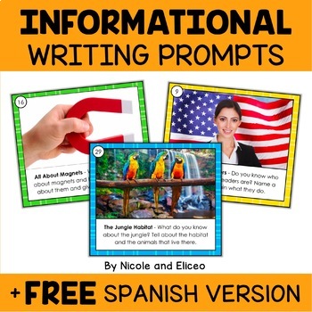 Preview of Informational Report Writing Prompt Task Cards + FREE Spanish