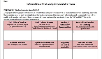 Preview of Informational Text Analysis, Main Idea Template Statement Graphic Organizer