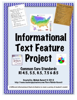 Preview of Informational Text Feature Project, Rubric and Chart