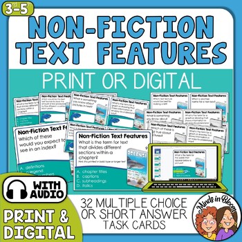 Preview of Informational Text Features Task Cards- Print & Digital with Audio Support