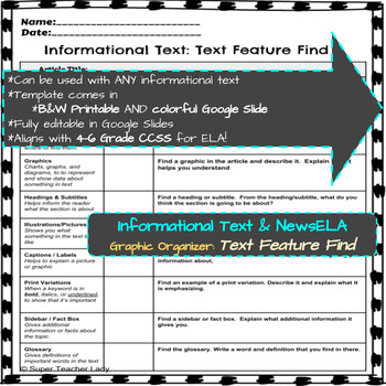 Preview of Text Feature Find (NewsELA & Informational Text Graphic Organizers)