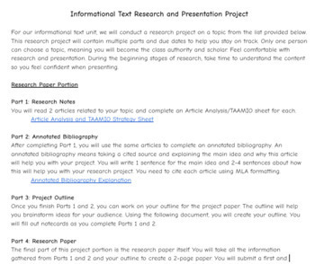 Preview of Informational Text Research Paper and Presentation Project
