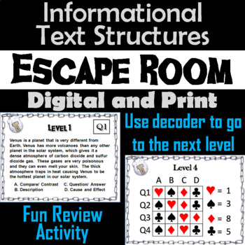 Preview of Informational Text Structures Activity Escape Room - Nonfiction Text Structures