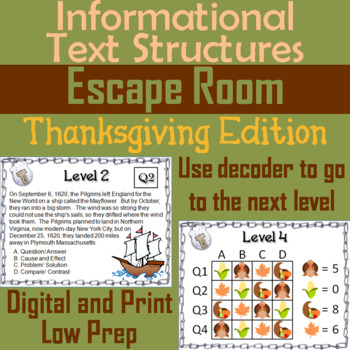 Preview of Informational Text Structures Escape Room Thanksgiving ELA