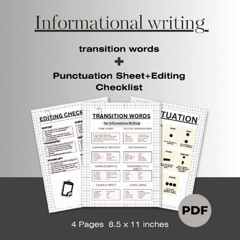 Preview of Informational writing transition words + Punctuation + Editing Checklist