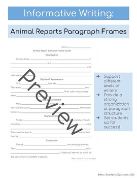 Preview of Informative Writing: Animal Report Paragraph Frames