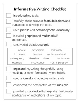 creative writing checklist high school