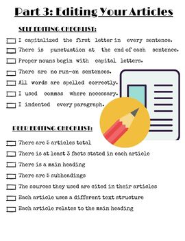 Preview of Informational Writing Newspaper Project Editing Checklist