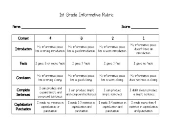 Preview of Informative Writing Rubric for First Grade