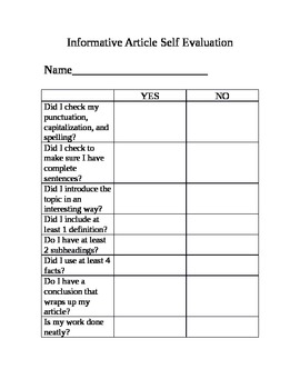 Preview of Informative Writing Self Evaluation Rubric