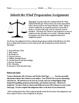 Preview of Inherit the Wind: Mini Research Homework on Actual Trial with Attached Rubric