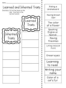 inherited and learned traits cut and paste activity by jh lesson design