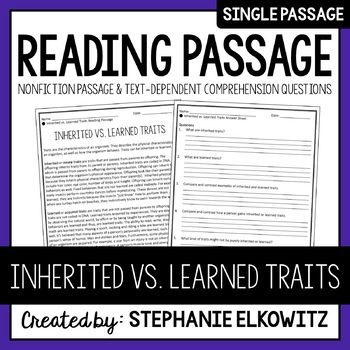 Preview of Inherited vs. Learned Traits Reading Passage | Printable & Digital