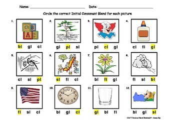 Initial Consonant Blends Worksheet - 2 letter blends containing "L"