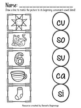 Consonant and Short Vowel Blending Match (2 consonants per page)