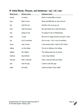 Initial Prevocalic 'R' Stimuli by Shoreline Speech Therapy | TpT