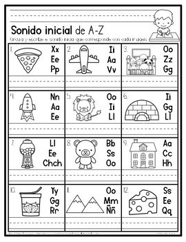Initial Sound A-Z-Spanish Worksheet #6 by La Maestra Pati Bilingue