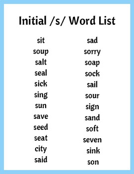 Preview of Initial /s/ Word List FREEBIE