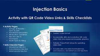 Preview of Injection Basics Activity with QR Code Video Links & Skills Checklists