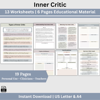 Preview of Inner Critic Therapy Worksheets, Self Help Inner Child Processing, Therapy Tools
