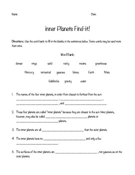 Preview of Inner Planets Find-It (Fill-in activity)