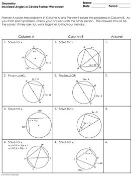 inscribed angles in circles partner worksheet by mrs e