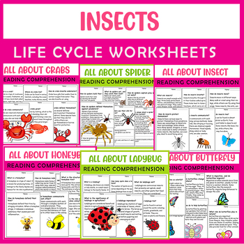 Preview of Insect Life Cycle worksheets Bundle, Butterfly, Ladybug, Spider, Crabs, Honeybee
