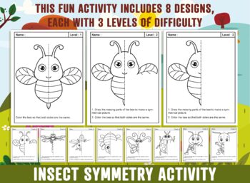 Preview of Insect Symmetry Worksheet, Math Activities, Butterfly, Ladybug, Spider, Bee, Ant
