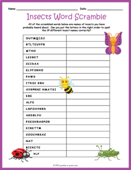 Bugs and Insects Word Scramble Puzzle by Puzzles to Print | TpT