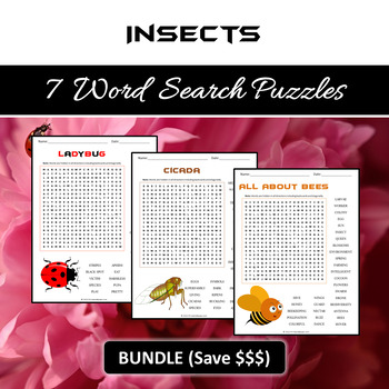 Preview of Insects 7 Word Search Puzzles  - NOPREP PRINTABLE ACTIVITIES WORKSHEET