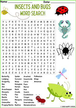 Insects And Bugs Word Search Puzzle Activity by Happy Kiddo | TPT
