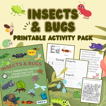 Preview of Insects, Bugs Factsheets, Coloring, Handwriting Drills Printables Activity Pack!