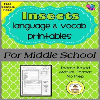 Preview of Insects Language and Vocabulary Printables for Middle School