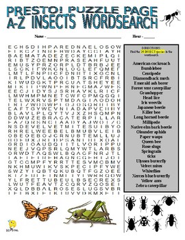 Preview of Insects Puzzle Page (Wordsearch and Criss-Cross / Science / Animals / SUB)
