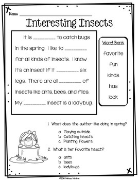 Insects Reading Comprehension by Melissa Machan - First Grade Smiles