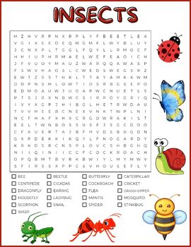 Insects Word Search Puzzle Worksheet Activity - Great Sub Plan. | TPT