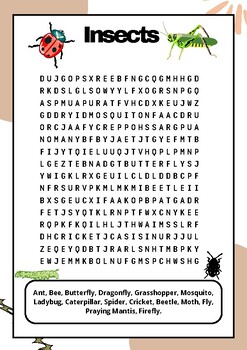 Insects : word searsh puzzle worksheet activity by Art with Mark