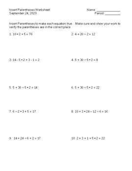 Preview of Insert Parentheses Worksheet