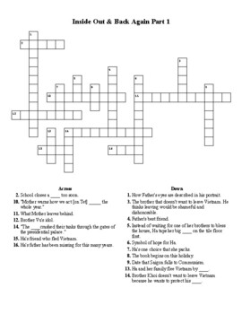 Inside Out Back Again Part I Crossword Puzzle by Makings by Martin
