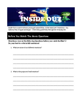 Preview of Inside Out - Movie Guide + Answer Key + Mini Project