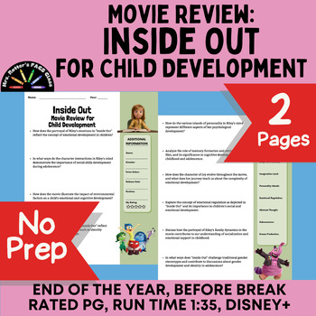 Preview of Inside Out Movie Review Worksheet/Child Dev - Disney+ Rated: PG, Time: 1:35