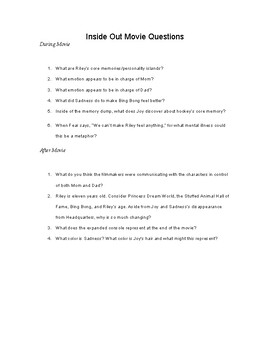 Preview of Inside Out Movie Study Guide Questions