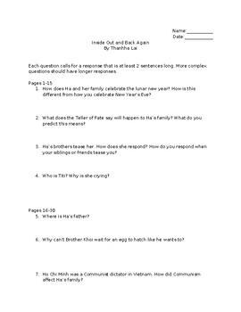 Preview of Inside Out and Back Again - Reading Comprehension Questions