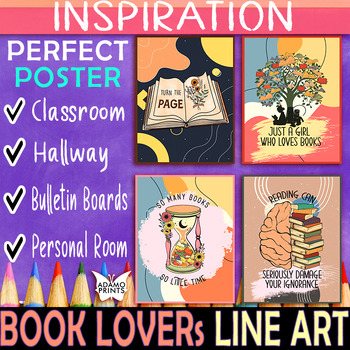 Preview of Inspiration Book Lovers Line Art Posters  - Classroom Decor Bulletin Board Ideas