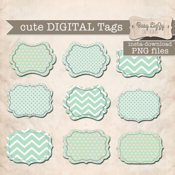 Preview of Instant Download - Cute Aqua Mint Tags - Digital Download - PNG files